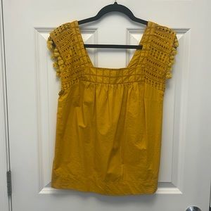 J. Crew Mustard Yellow Eyelet and Pom Pom Tank Top Blouse Size 0